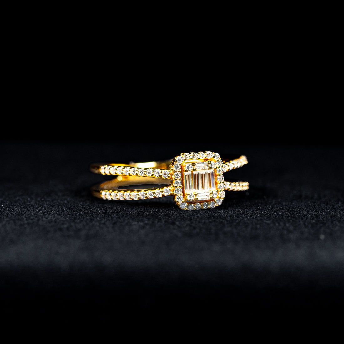 Emerald Cut Split Shank Halo GRA Certified Moissanite Ring in 18K Gold Plated 925 Sterling Silver – 0.46 Carat