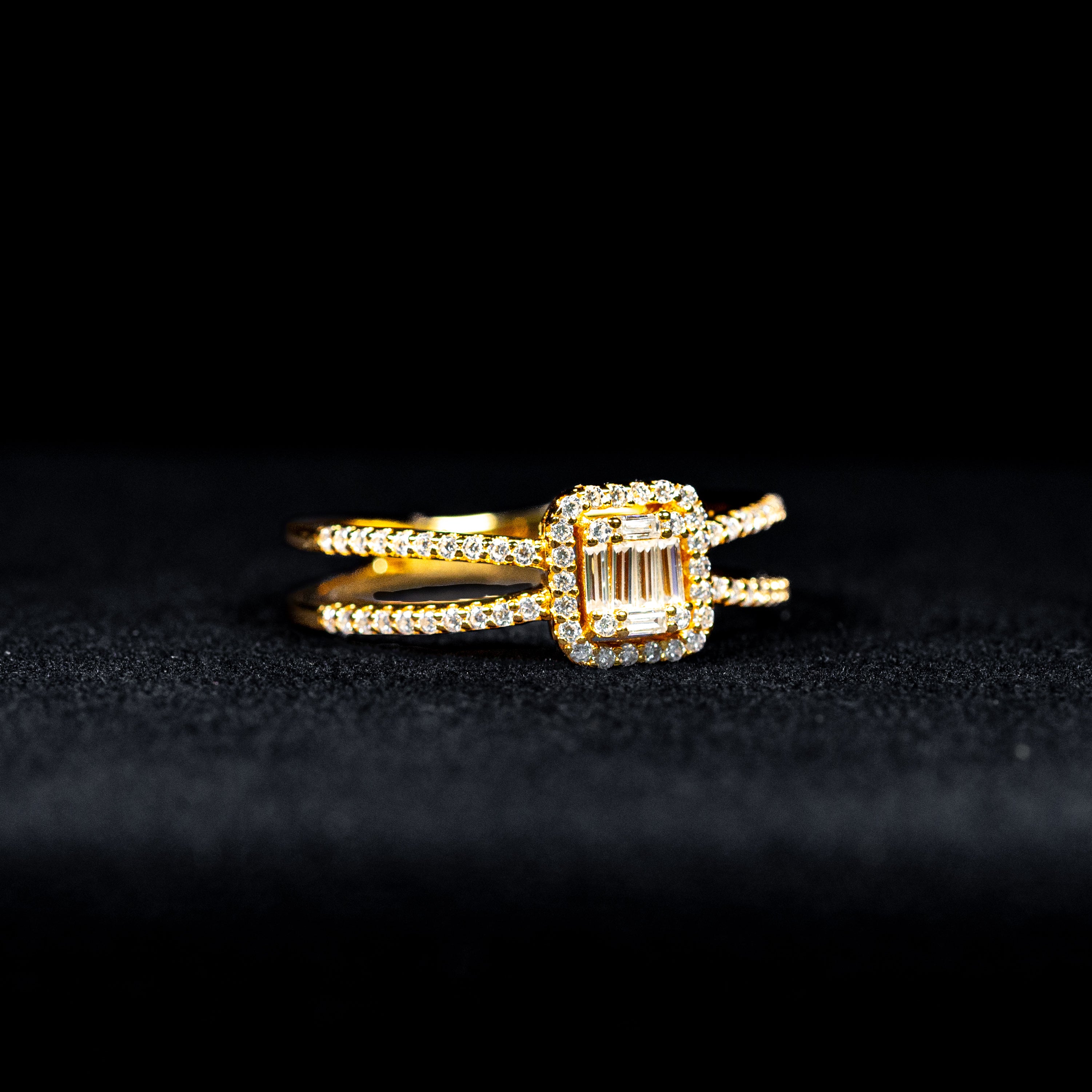 Emerald Cut Split Shank Halo GRA Certified Moissanite Ring in 18K Gold Plated 925 Sterling Silver – 0.46 Carat