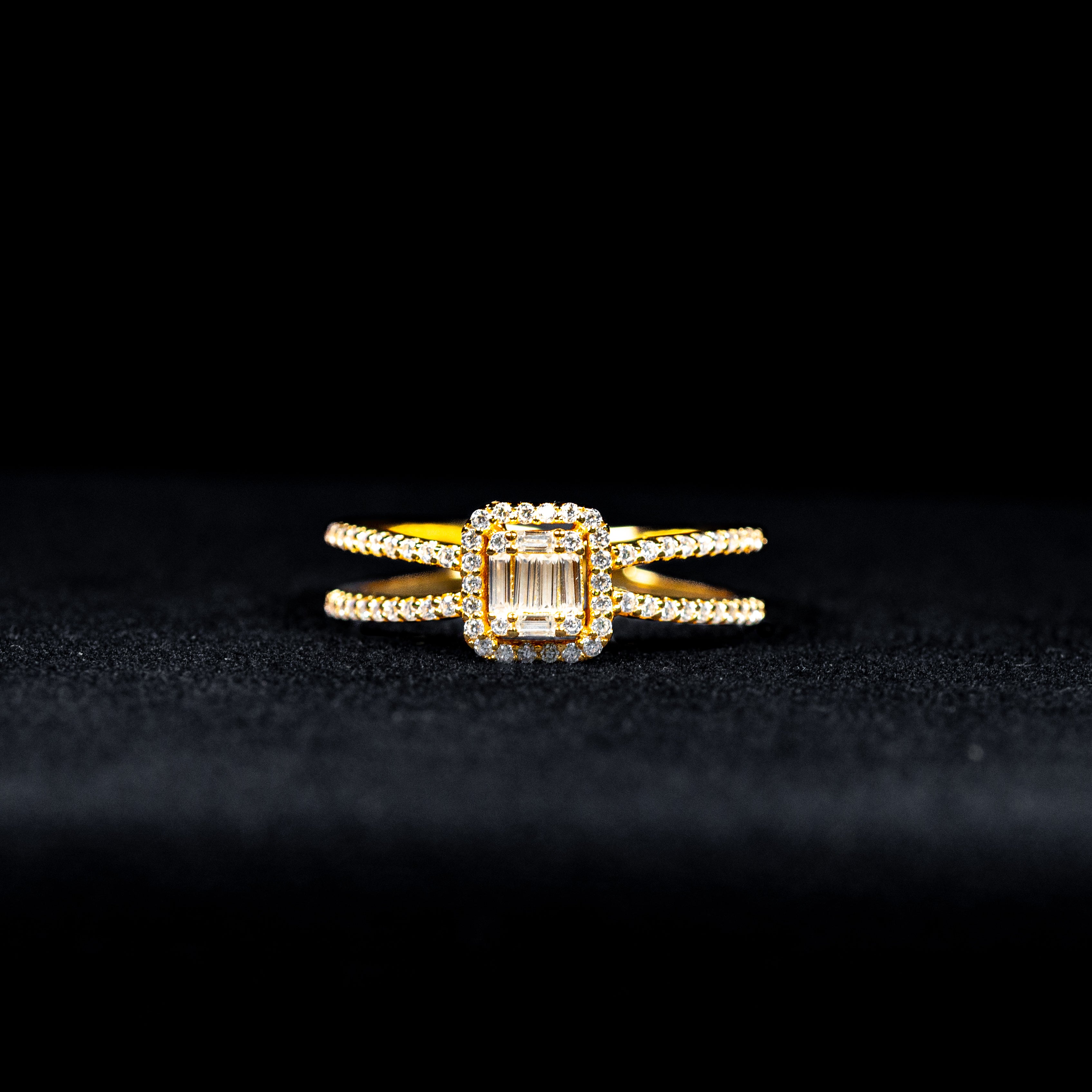Emerald Cut Split Shank Halo GRA Certified Moissanite Ring in 18K Gold Plated 925 Sterling Silver – 0.46 Carat