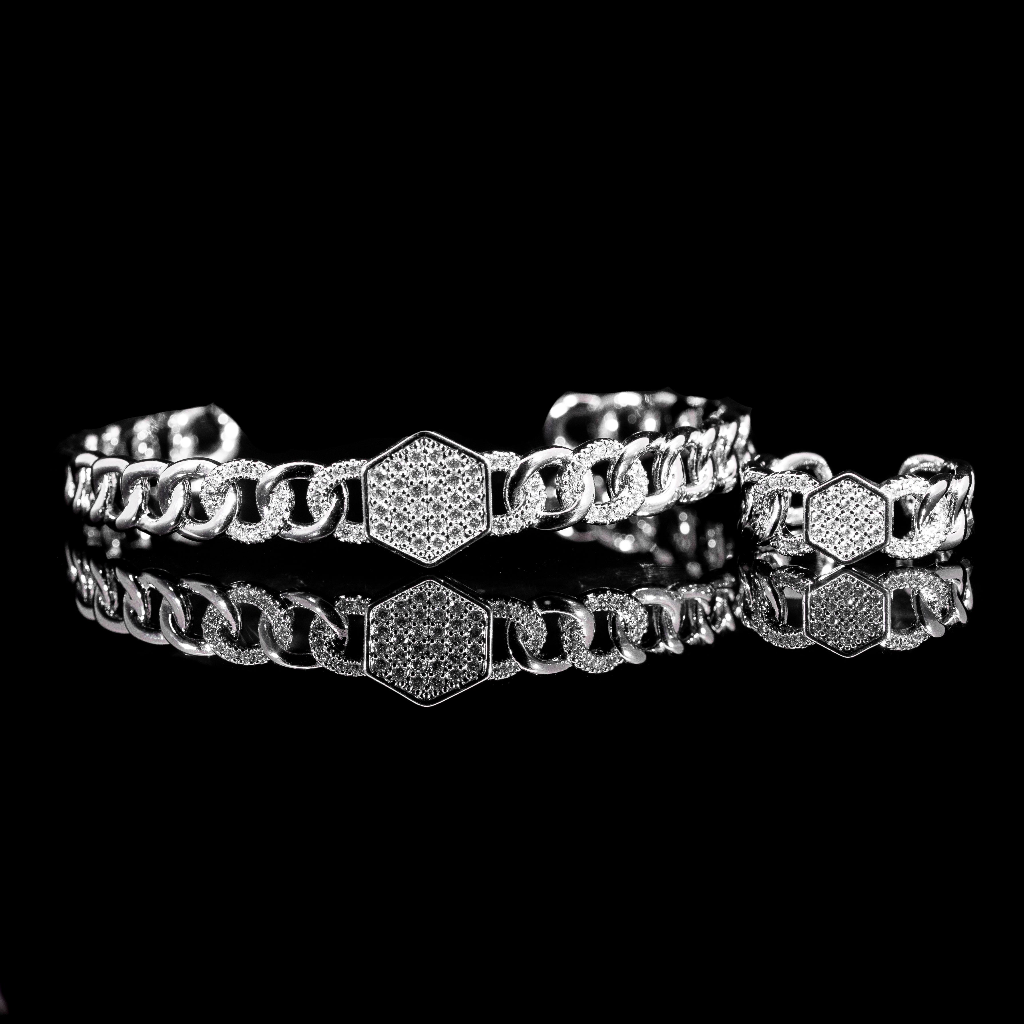 Hexagon Link Rhodium Plated Bangle & Ring Set In High Quality Zircon Stone