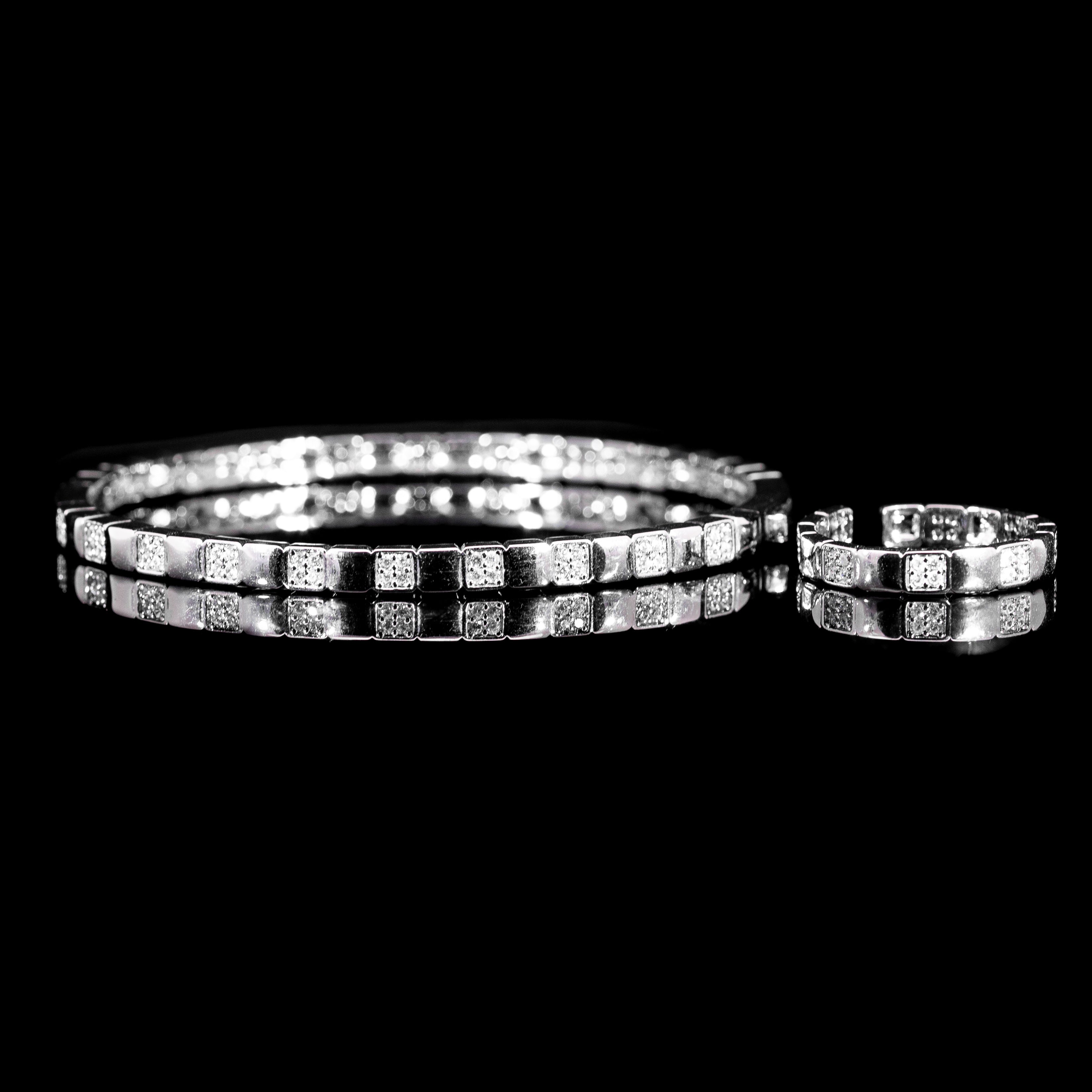 Square Zircon Line Rhodium Plated Bangle & Ring Set In High Quality Zircon Stone