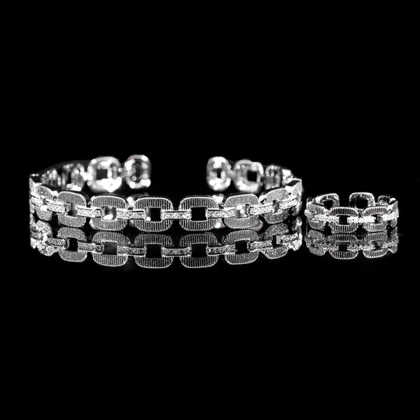 Oval Link Rhodium Plated Bangle & Ring Set In High Quality Zircon Stone