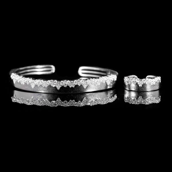 Crown Wave Rhodium Plated Bangle & Ring Set In High Quality Zircon Stone