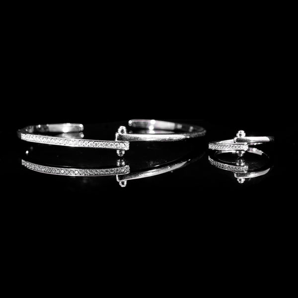 T-Bar Line Rhodium Plated Bangle & Ring Set In High Quality Zircon Stone