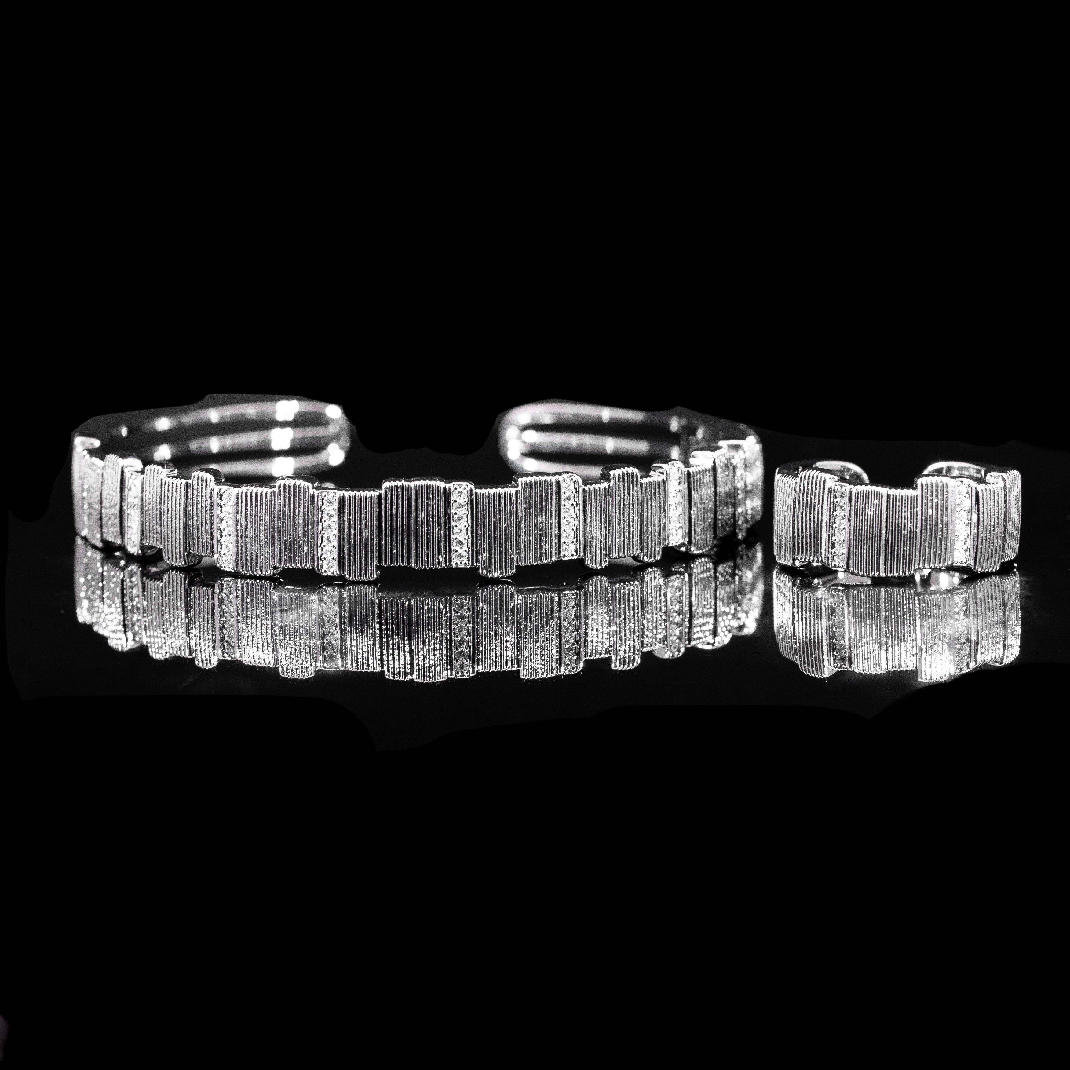 Ribbon Line Rhodium Plated Bangle & Ring Set