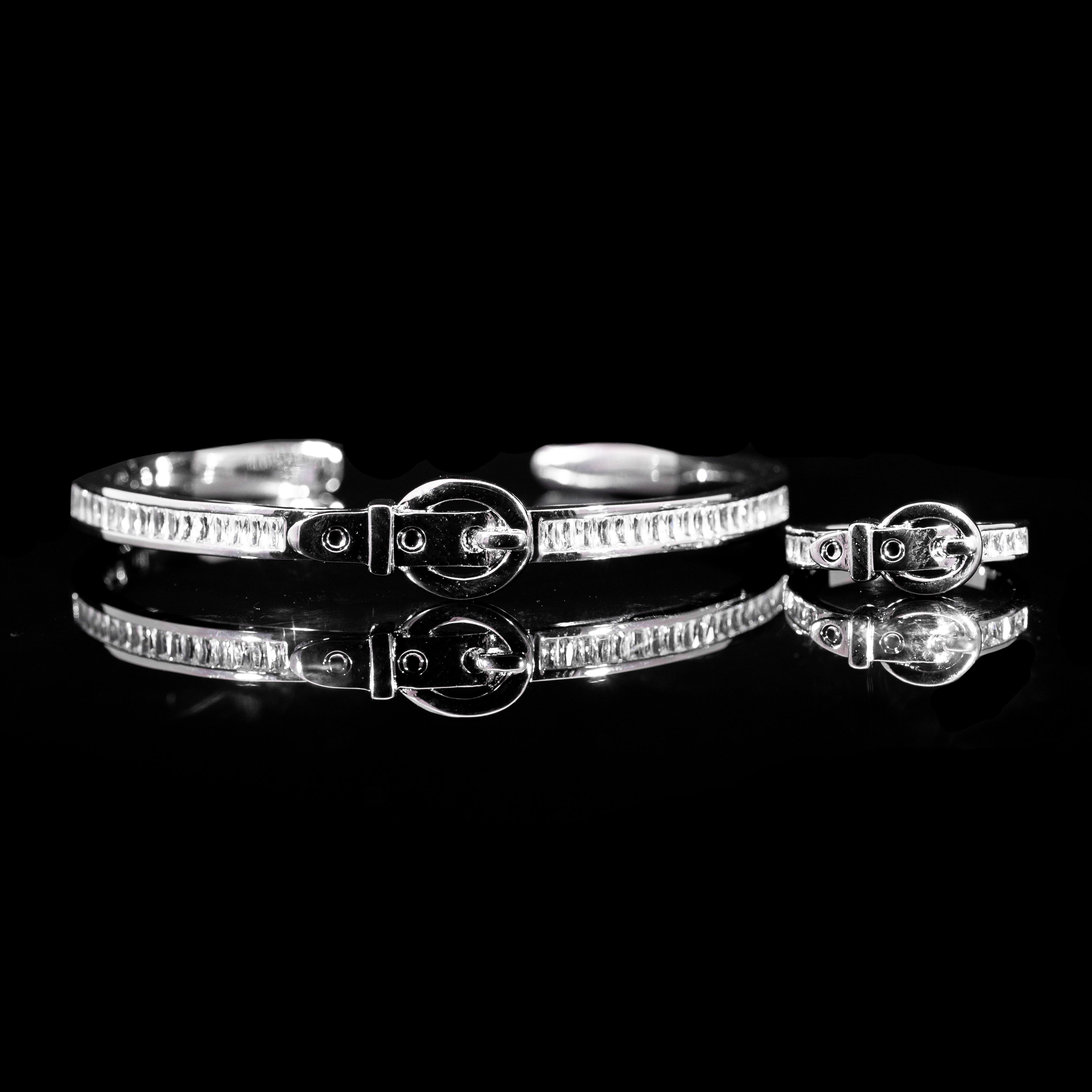 Belt Buckle Rhodium Plated Bangle & Ring Set In High Quality Zircon Stone