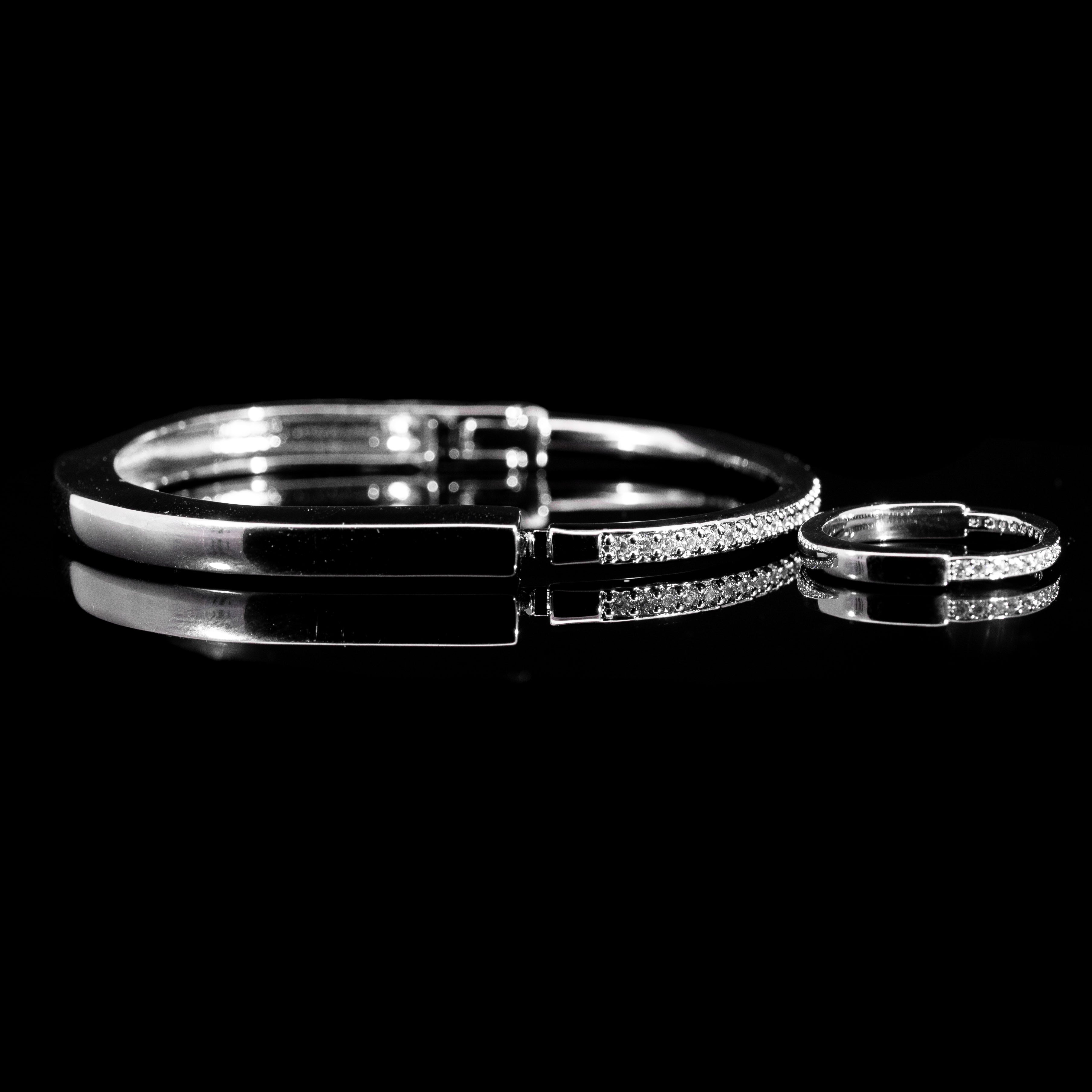 Classic Line Rhodium Plated Bangle & Ring Set In High Quality Zircon Stone