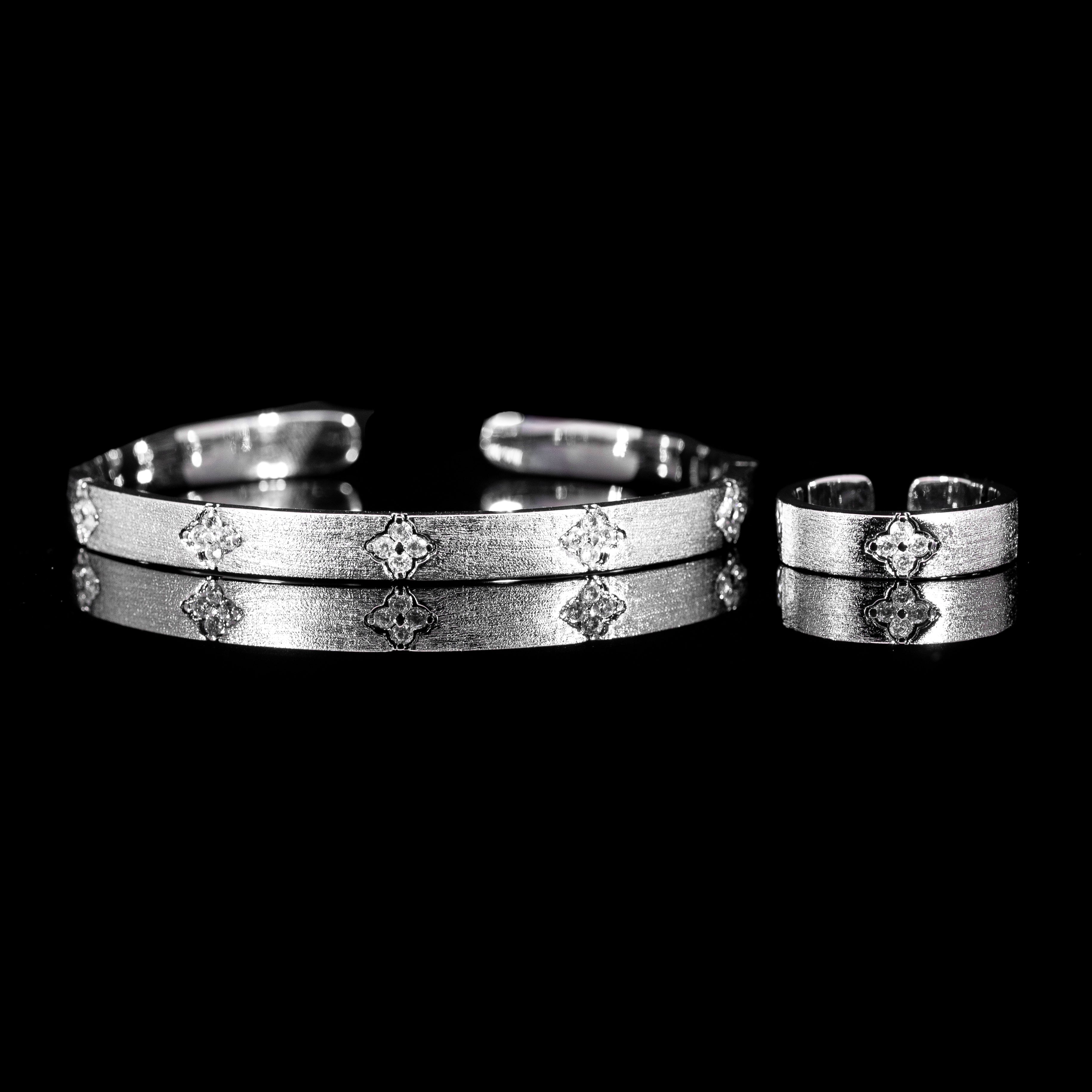 Brushed Clover Rhodium Plated Bangle & Ring Set In High Quality Zircon Stone