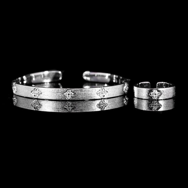 Brushed Clover Rhodium Plated Bangle & Ring Set In High Quality Zircon Stone