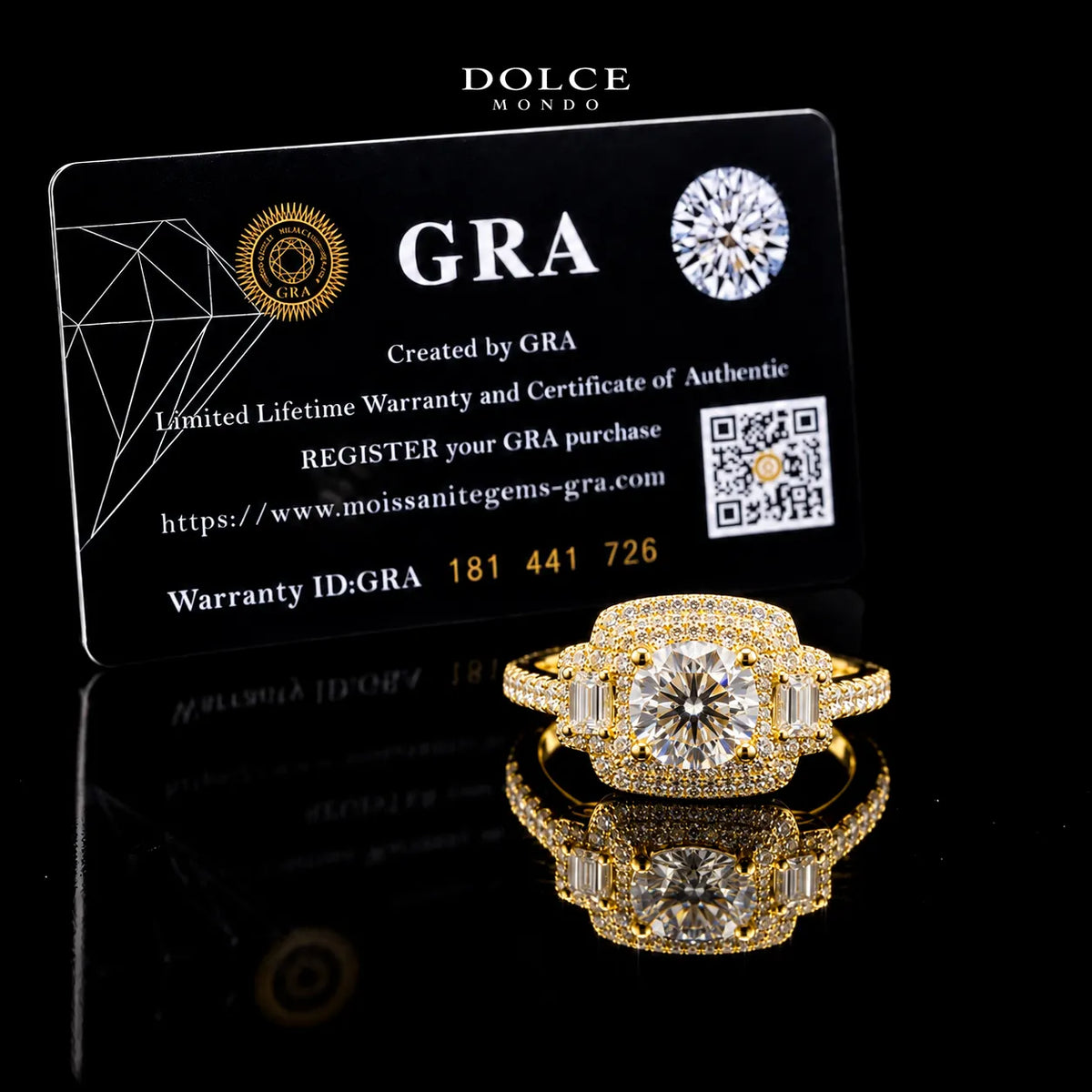 Round Cut Baguette Halo GRA Certified Moissanite Ring in 18K Gold Plated 925 Sterling Silver – 2.53 Carat