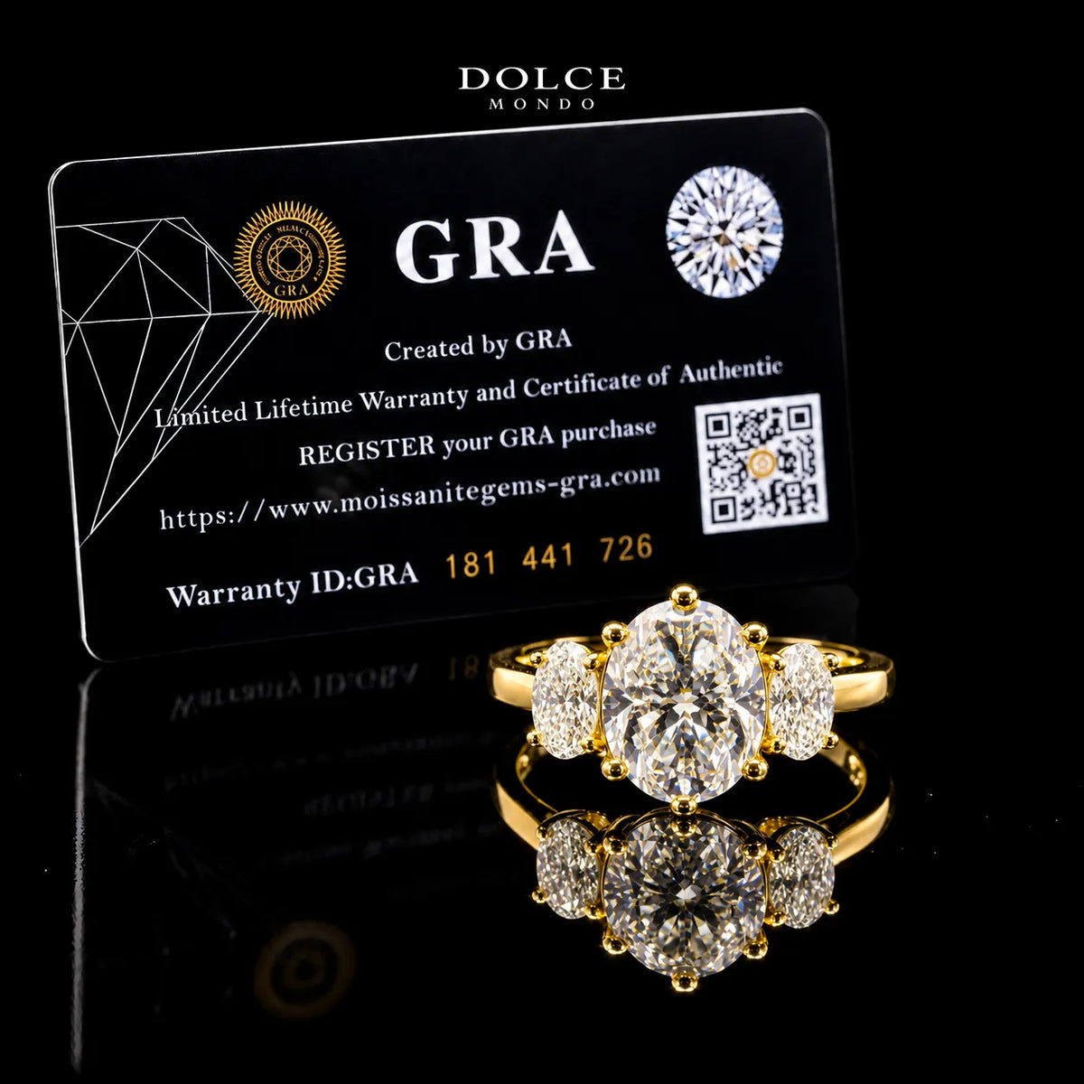 Oval Cut Three Stone GRA Certified Moissanite Ring in 18K Gold Plated 925 Sterling Silver – 2.14 Carat