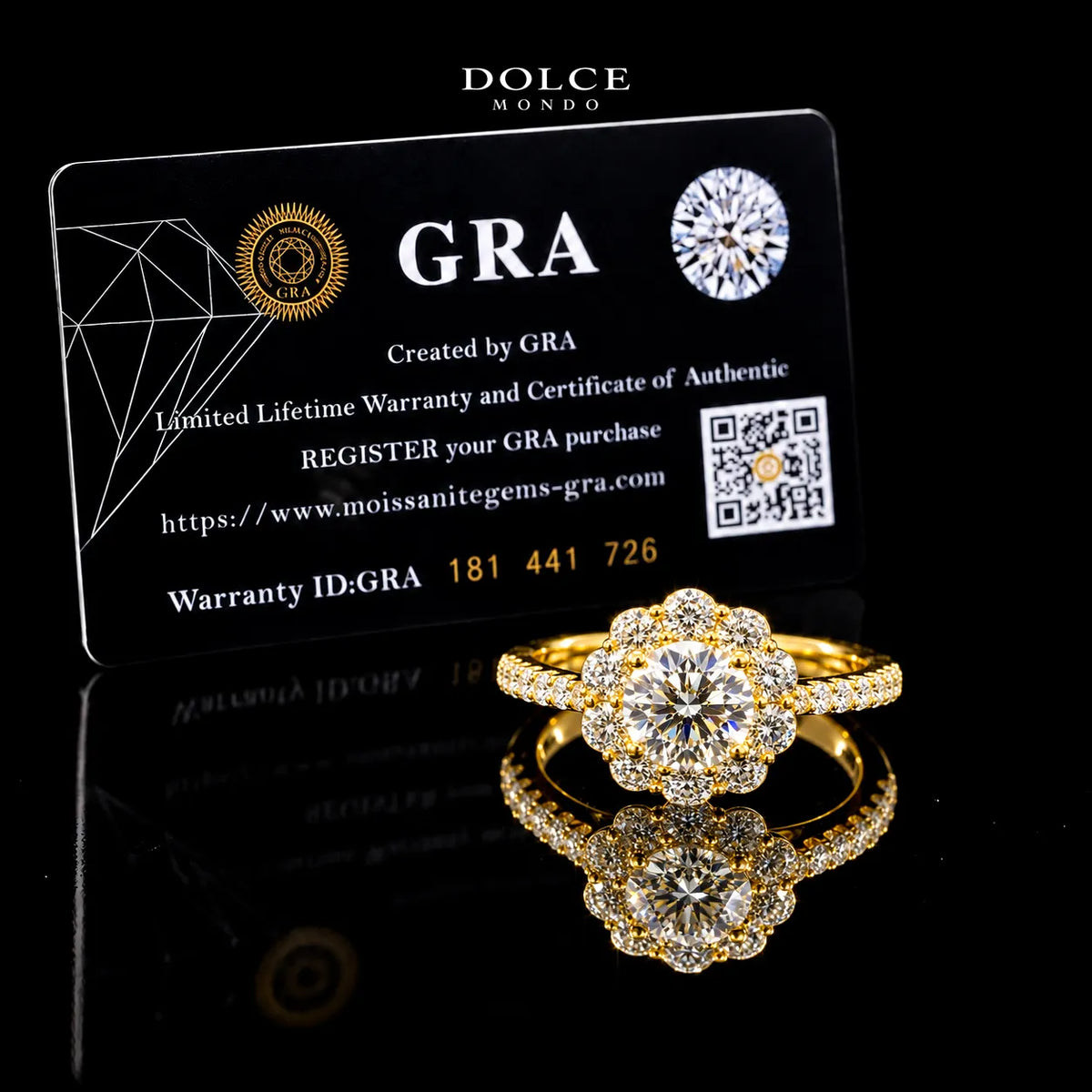 Round Cut Floral Halo GRA Certified Moissanite Ring in 18K Gold Plated 925 Sterling Silver – 1.58 Carat