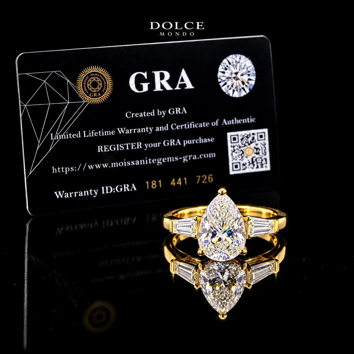 Pear Cut Three Stone GRA Certified Moissanite Ring in 18K Gold Plated 925 Sterling Silver – 3.38 Carat