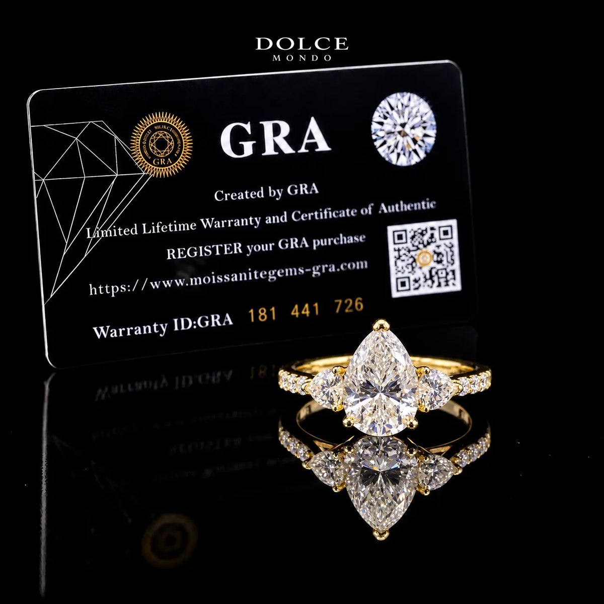 Pear Cut Three Stone GRA Certified Moissanite Ring in 18K Gold Plated 925 Sterling Silver – 3.60 Carat