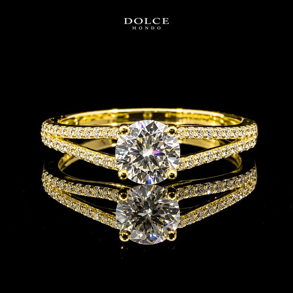 Round Cut Double Row Split GRA Certified Moissanite Ring in 18K Gold Plated 925 Sterling Silver – 1.02 Carat