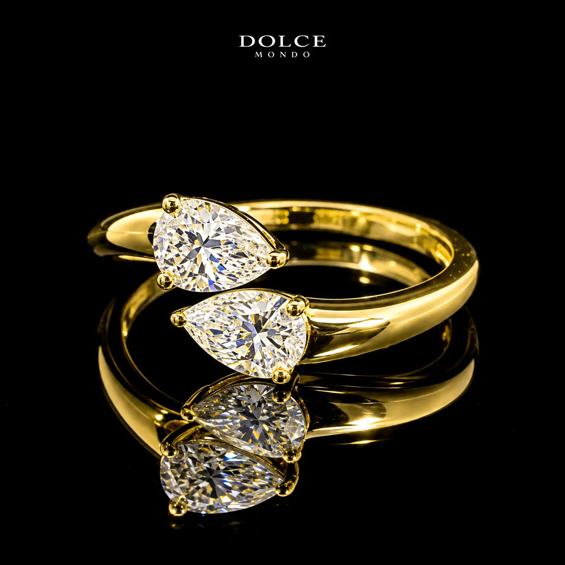 Pear Cut Open Bypass GRA Certified Moissanite Ring in 18K Gold Plated 925 Sterling Silver – 1.43 Carat