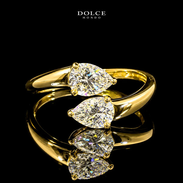 Pear Cut Open Bypass GRA Certified Moissanite Ring in 18K Gold Plated 925 Sterling Silver – 1.43 Carat