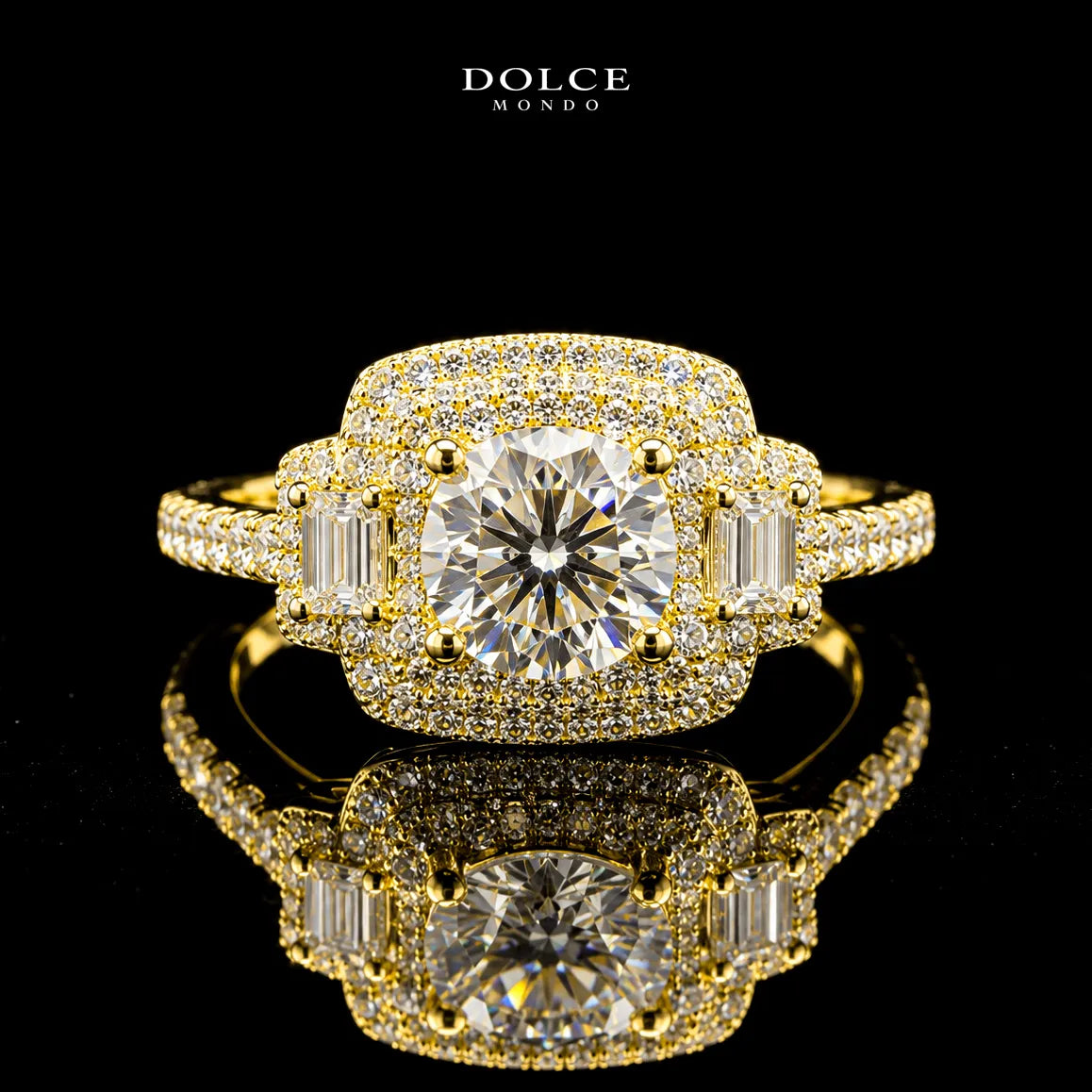 Round Cut Baguette Halo GRA Certified Moissanite Ring in 18K Gold Plated 925 Sterling Silver – 2.53 Carat