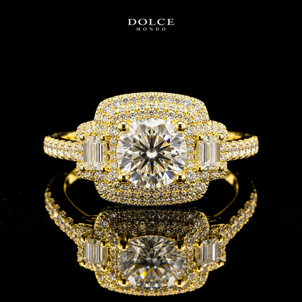 Round Cut Baguette Halo GRA Certified Moissanite Ring in 18K Gold Plated 925 Sterling Silver – 2.53 Carat