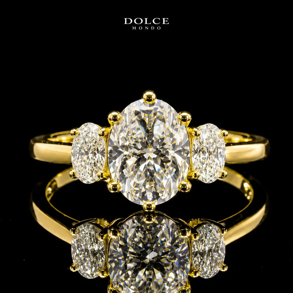 Oval Cut Three Stone GRA Certified Moissanite Ring in 18K Gold Plated 925 Sterling Silver – 2.14 Carat