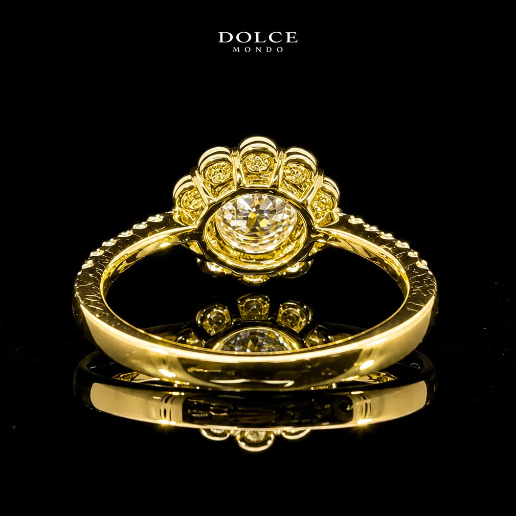 Round Cut Floral Halo GRA Certified Moissanite Ring in 18K Gold Plated 925 Sterling Silver – 1.58 Carat