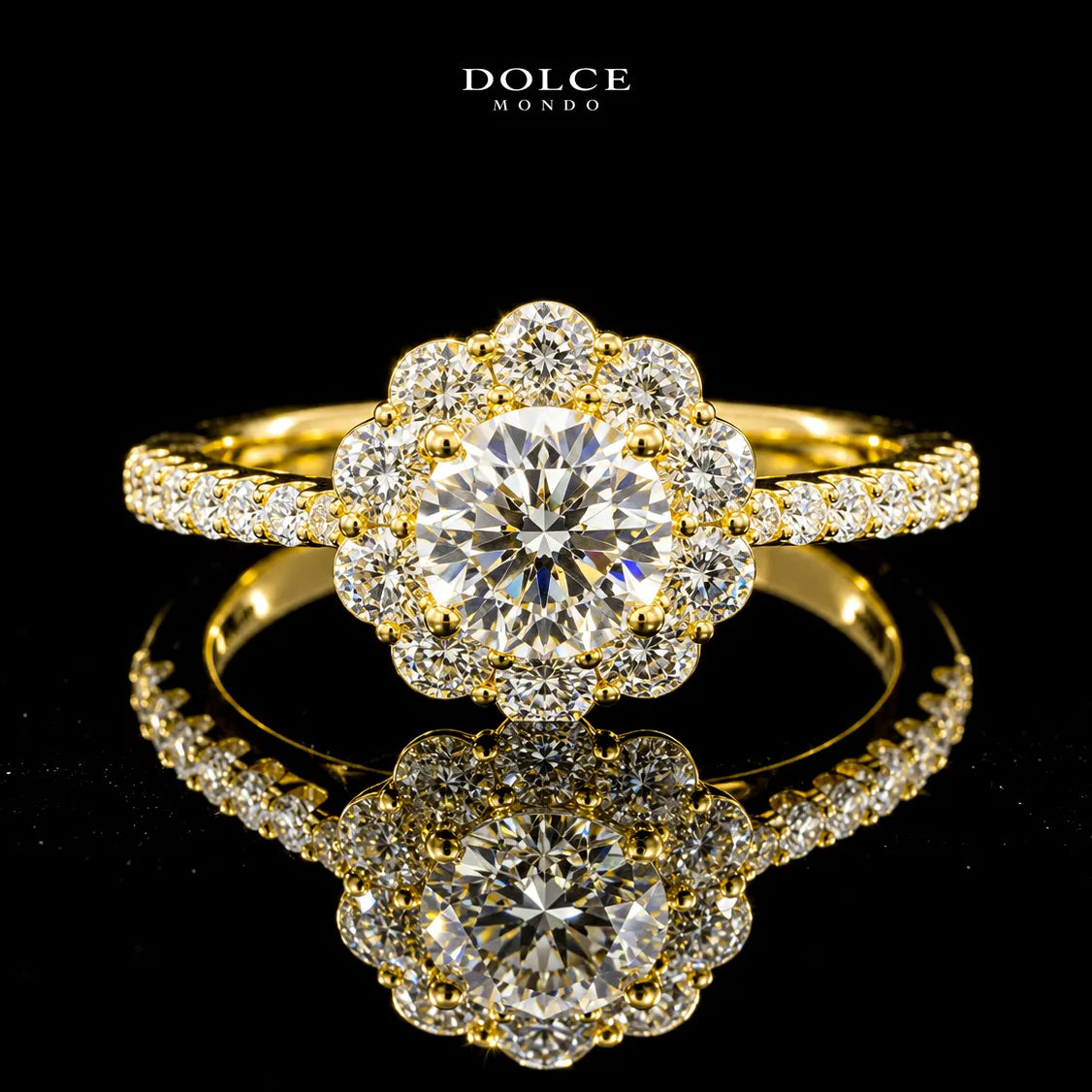 Round Cut Floral Halo GRA Certified Moissanite Ring in 18K Gold Plated 925 Sterling Silver – 1.58 Carat