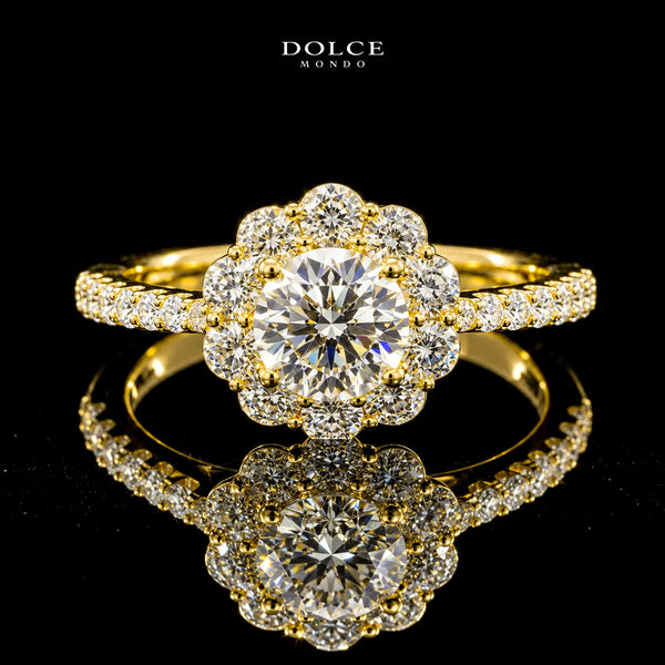 Round Cut Floral Halo GRA Certified Moissanite Ring in 18K Gold Plated 925 Sterling Silver – 1.58 Carat