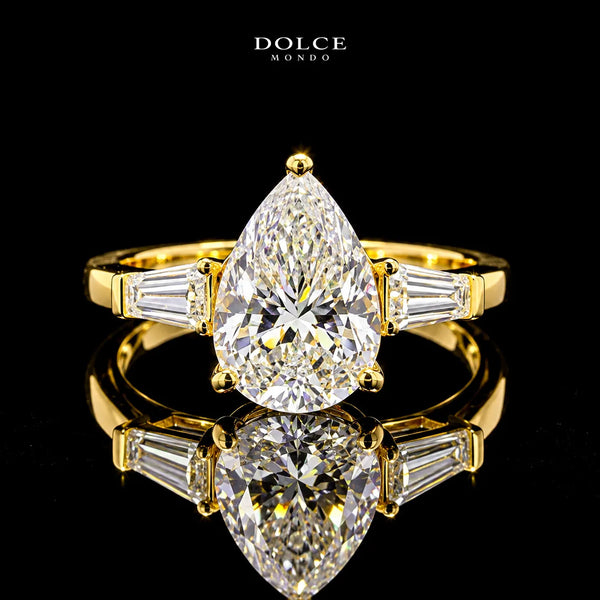 Pear Cut Three Stone GRA Certified Moissanite Ring in 18K Gold Plated 925 Sterling Silver – 3.38 Carat