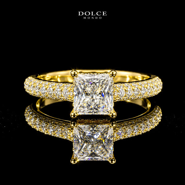 Princess Cut Pave GRA Certified Moissanite Ring in 18K Gold Plated 925 Sterling Silver – 1.75 Carat