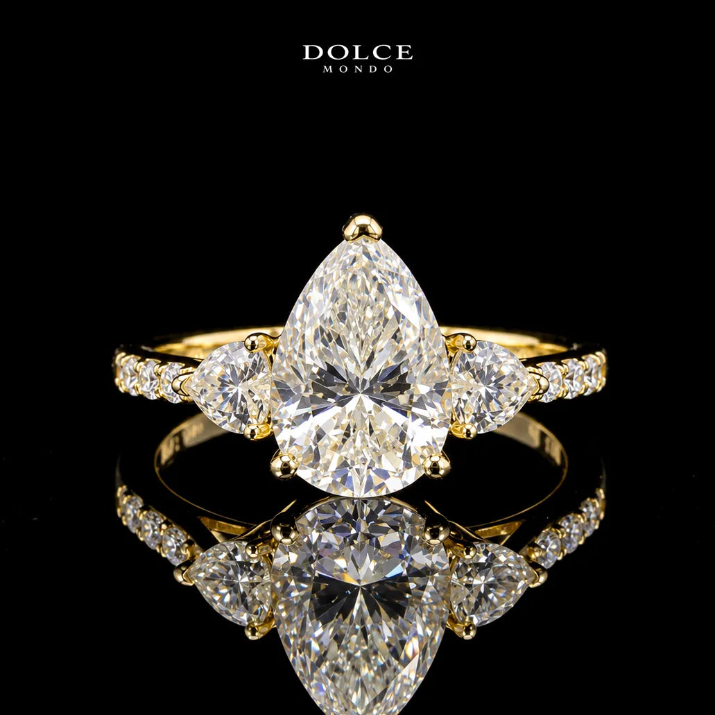Pear Cut Three Stone GRA Certified Moissanite Ring in 18K Gold Plated 925 Sterling Silver – 3.60 Carat