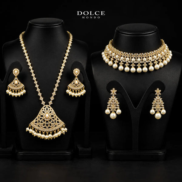 Eliza Pearl White Long Chain & Choker Luxury Combo Set in High Quality Class Zircon Stone Gold Plated