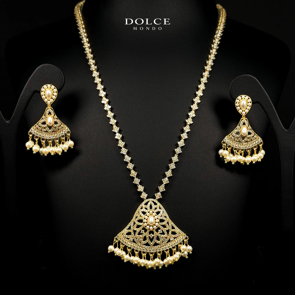 Eliza Pearl White Long Chain & Choker Luxury Combo Set in High Quality Class Zircon Stone Gold Plated