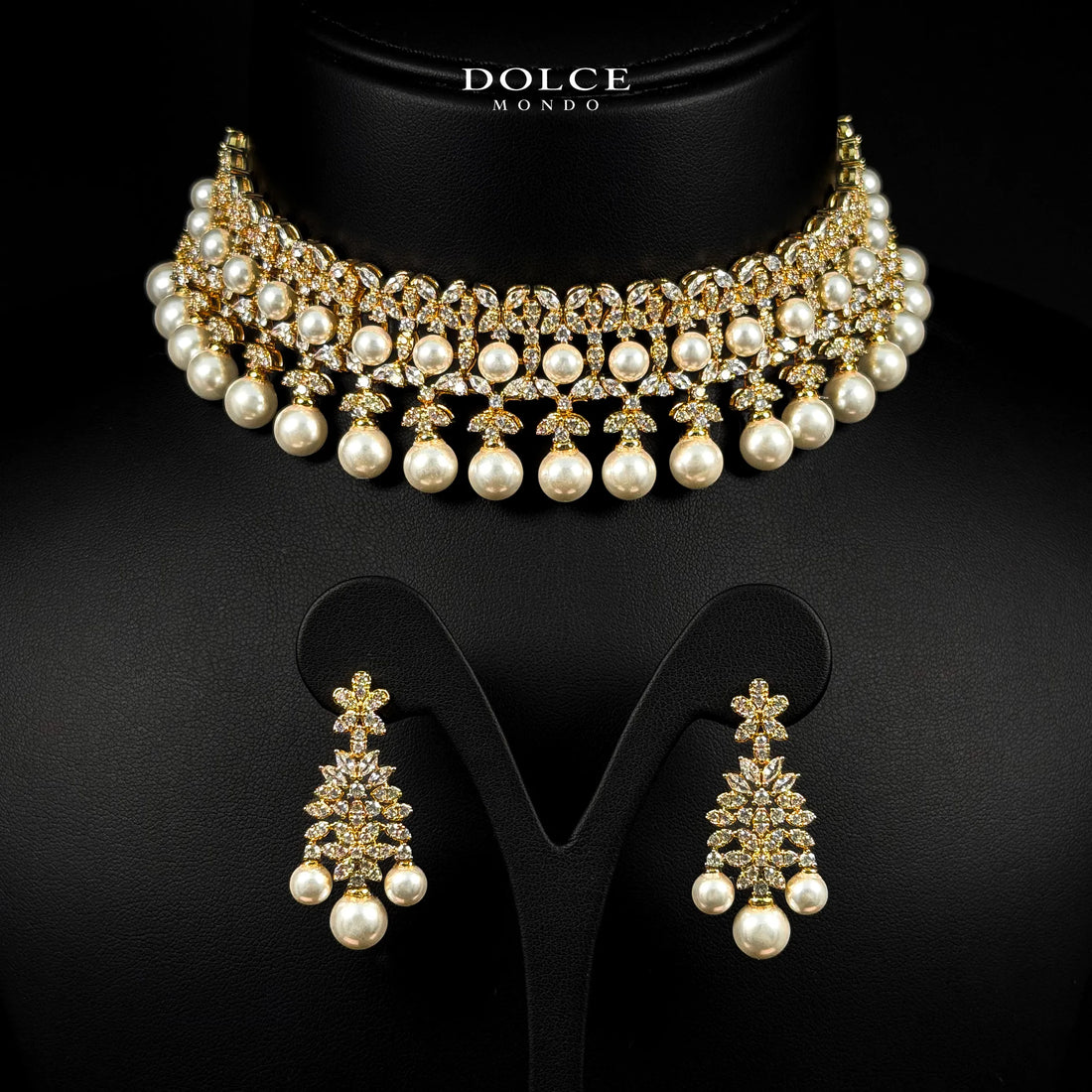 Eliza Pearl White Long Chain & Choker Luxury Combo Set in High Quality Class Zircon Stone Gold Plated