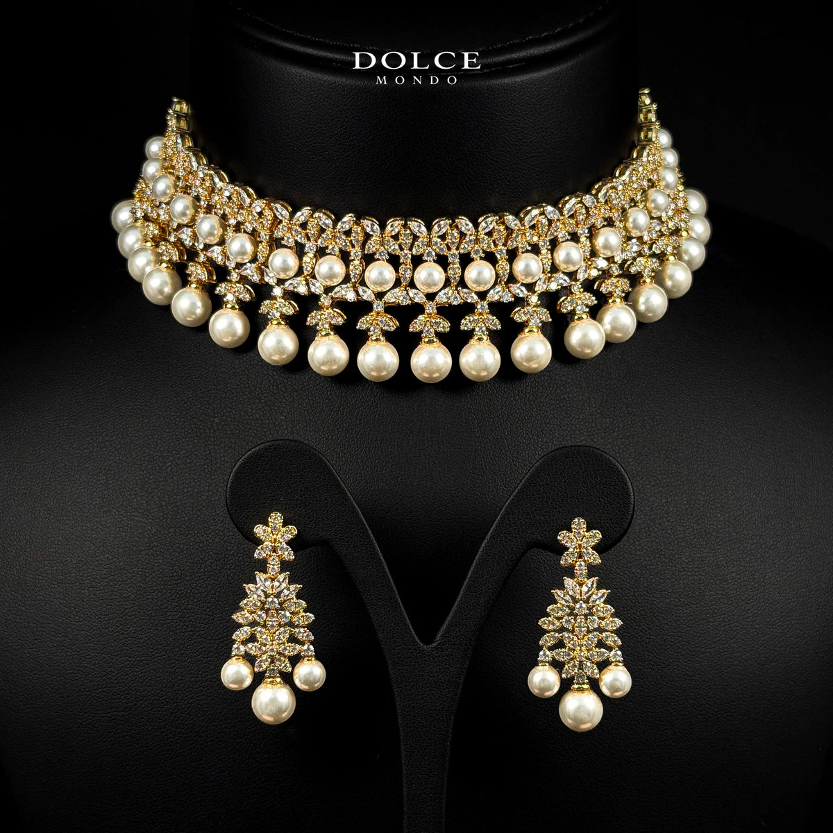 Eliza Pearl White Long Chain & Choker Luxury Combo Set in High Quality Class Zircon Stone Gold Plated