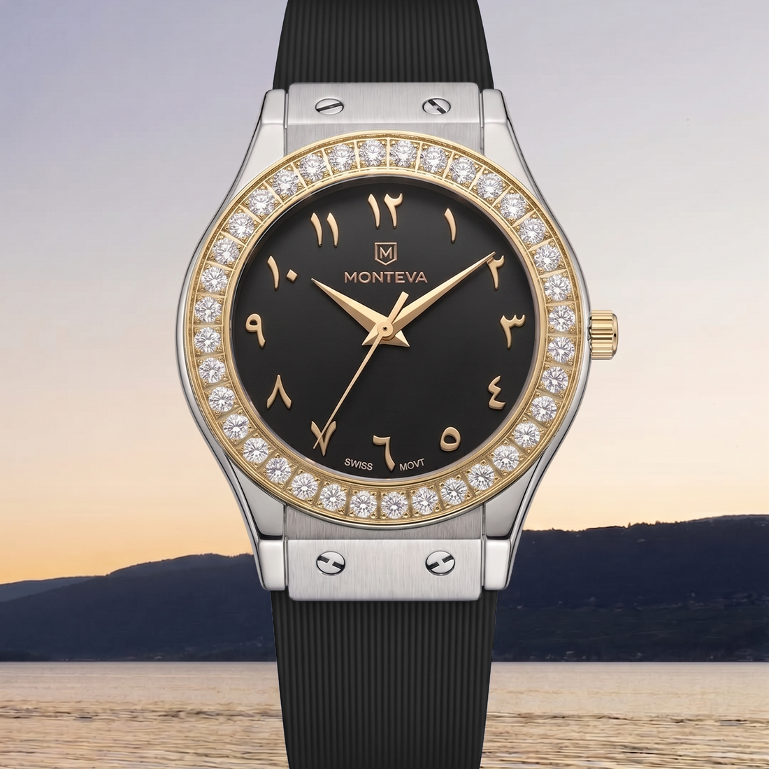 Monteva Women’s Black Dial Zircon Bezel Arabic Numeral Watch
