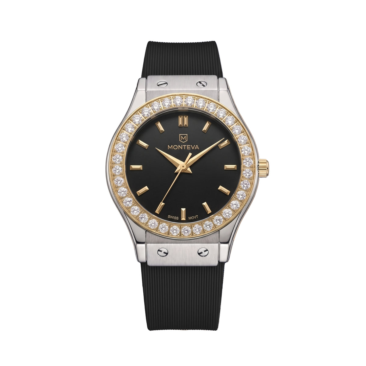 Layla Black Band Two-Tone Premium Zircon 32mm Women’s Swiss Quartz Watch by MONTEVA
