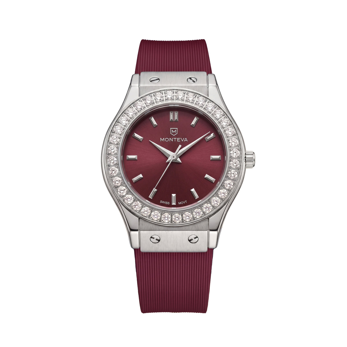 Layla Burgundy Band Premium Zircon 32mm Women’s Swiss Quartz Watch by MONTEVA