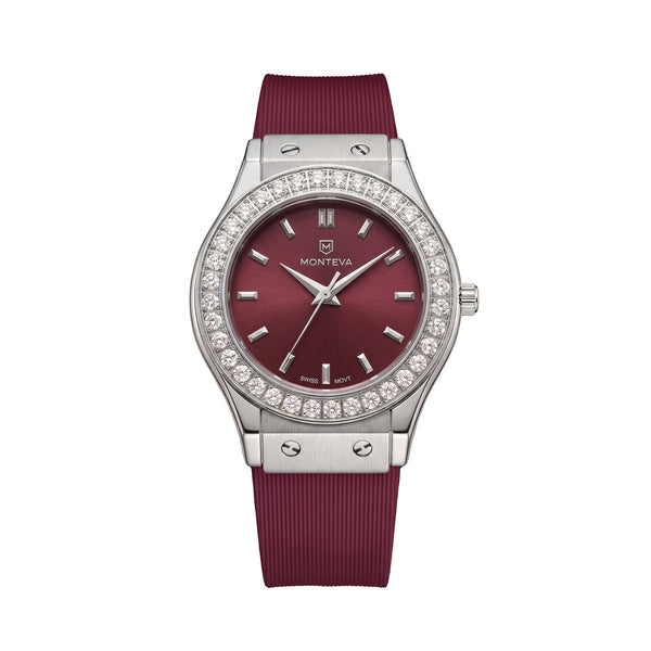 Layla Burgundy Band Premium Zircon 32mm Women’s Swiss Quartz Watch by MONTEVA