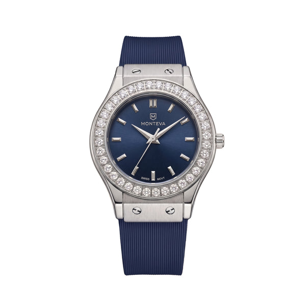Layla Navy Blue Band Premium Zircon 32mm Women’s Swiss Quartz Watch by MONTEVA