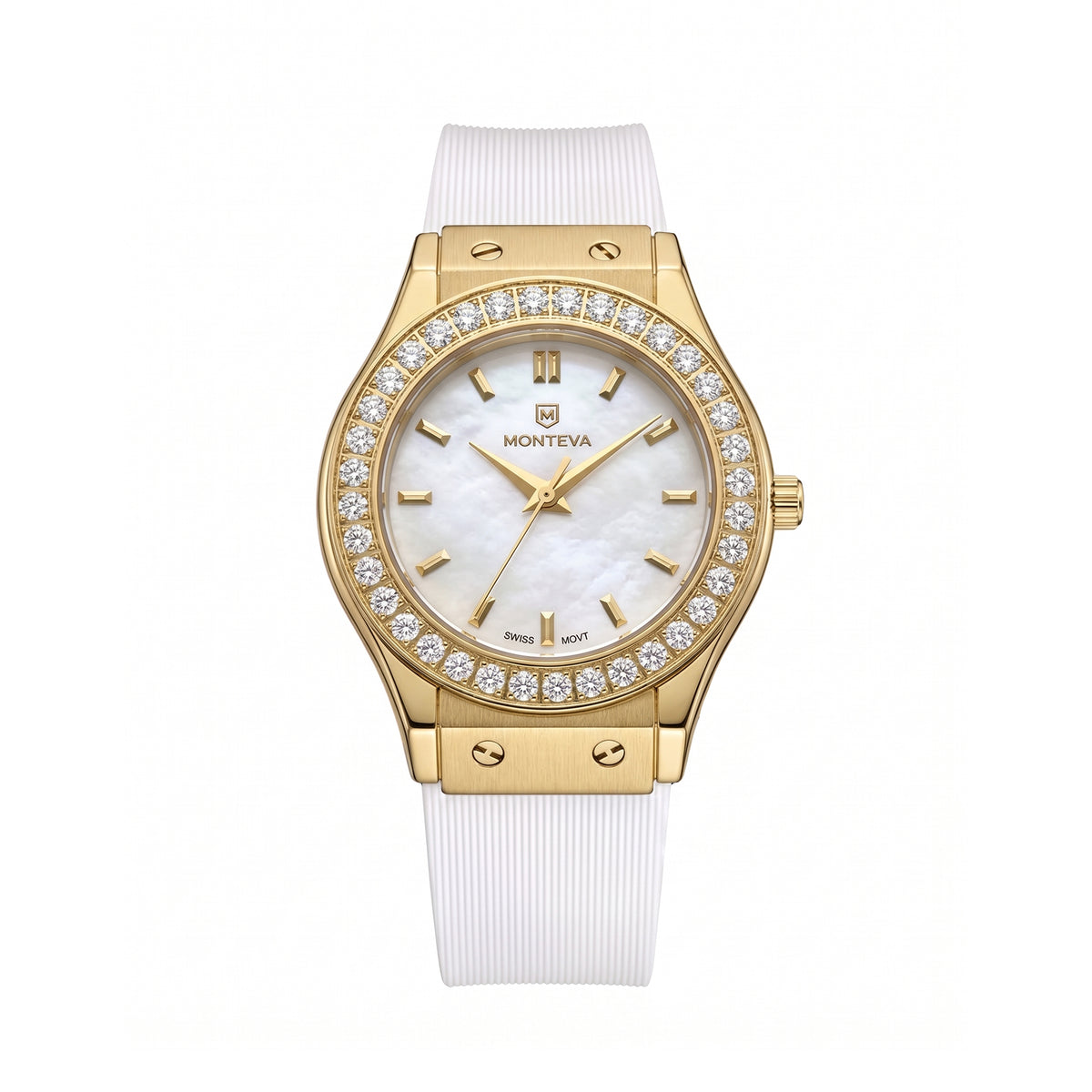 Layla White Band Premium Zircon Gold Plated 32mm Women’s Swiss Quartz Watch by MONTEVA
