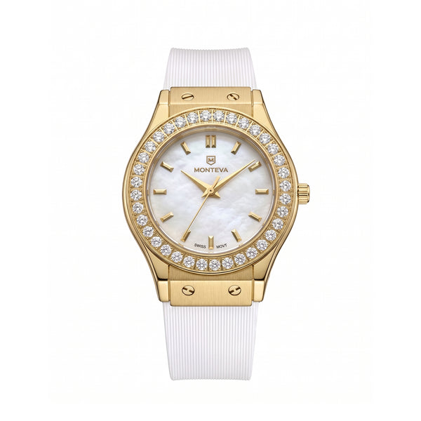 Layla White Band Premium Zircon Gold Plated 32mm Women’s Swiss Quartz Watch by MONTEVA