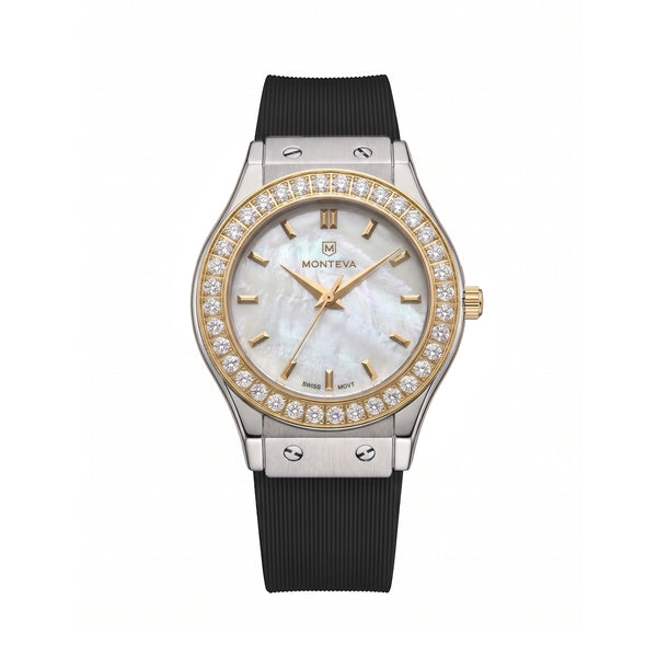 Layla Black Band Two-Tone Premium Zircon 32mm Women’s Swiss Quartz Watch by MONTEVA