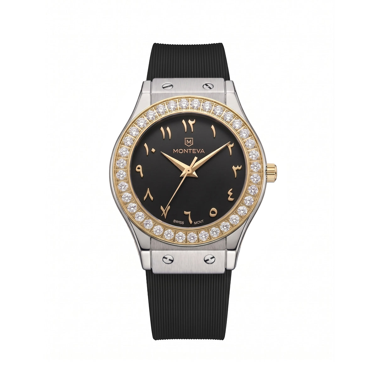 Lamar Black Band Arabic Numeral Premium Zircon 32mm Women’s Swiss Quartz Watch by MONTEVA