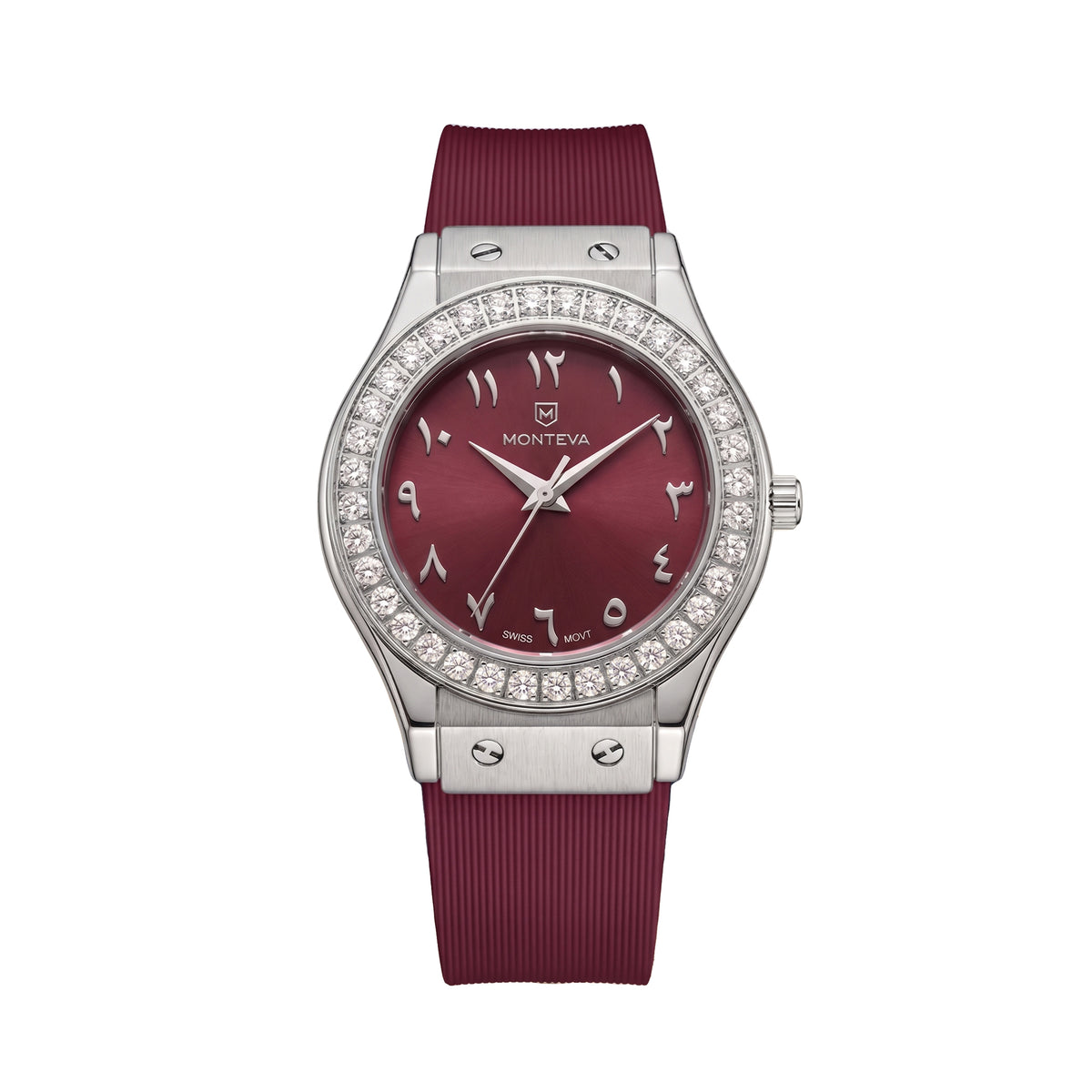 Lamar Burgundy Band Arabic Numeral Premium Zircon 32mm Women’s Swiss Quartz Watch by MONTEVA