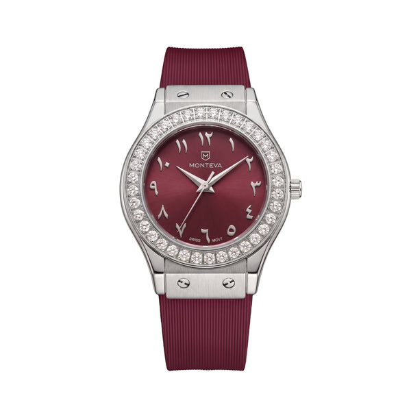 Lamar Burgundy Band Arabic Numeral Premium Zircon 32mm Women’s Swiss Quartz Watch by MONTEVA