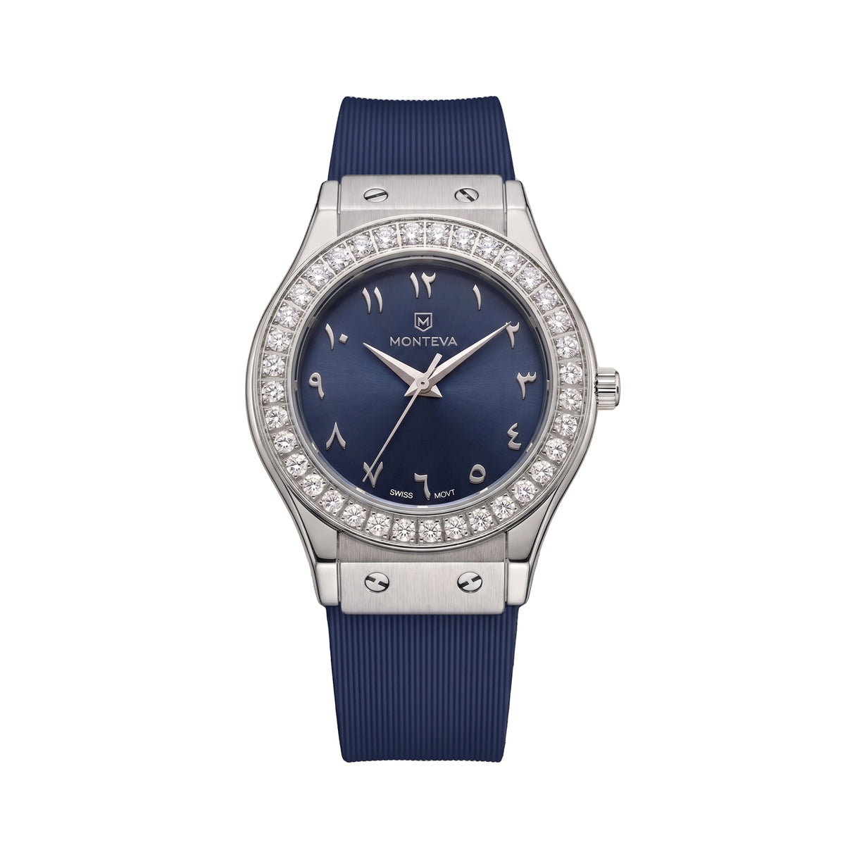Lamar Navy Blue Band Arabic Numeral Premium Zircon 32mm Women’s Swiss Quartz Watch by MONTEVA