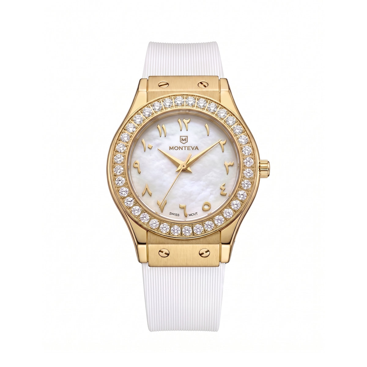 Lamar White Band Arabic Numeral Premium Zircon Gold Plated 32mm Women’s Swiss Quartz Watch by MONTEVA