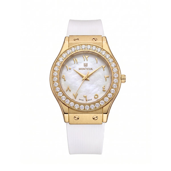 Lamar White Band Arabic Numeral Premium Zircon Gold Plated 32mm Women’s Swiss Quartz Watch by MONTEVA