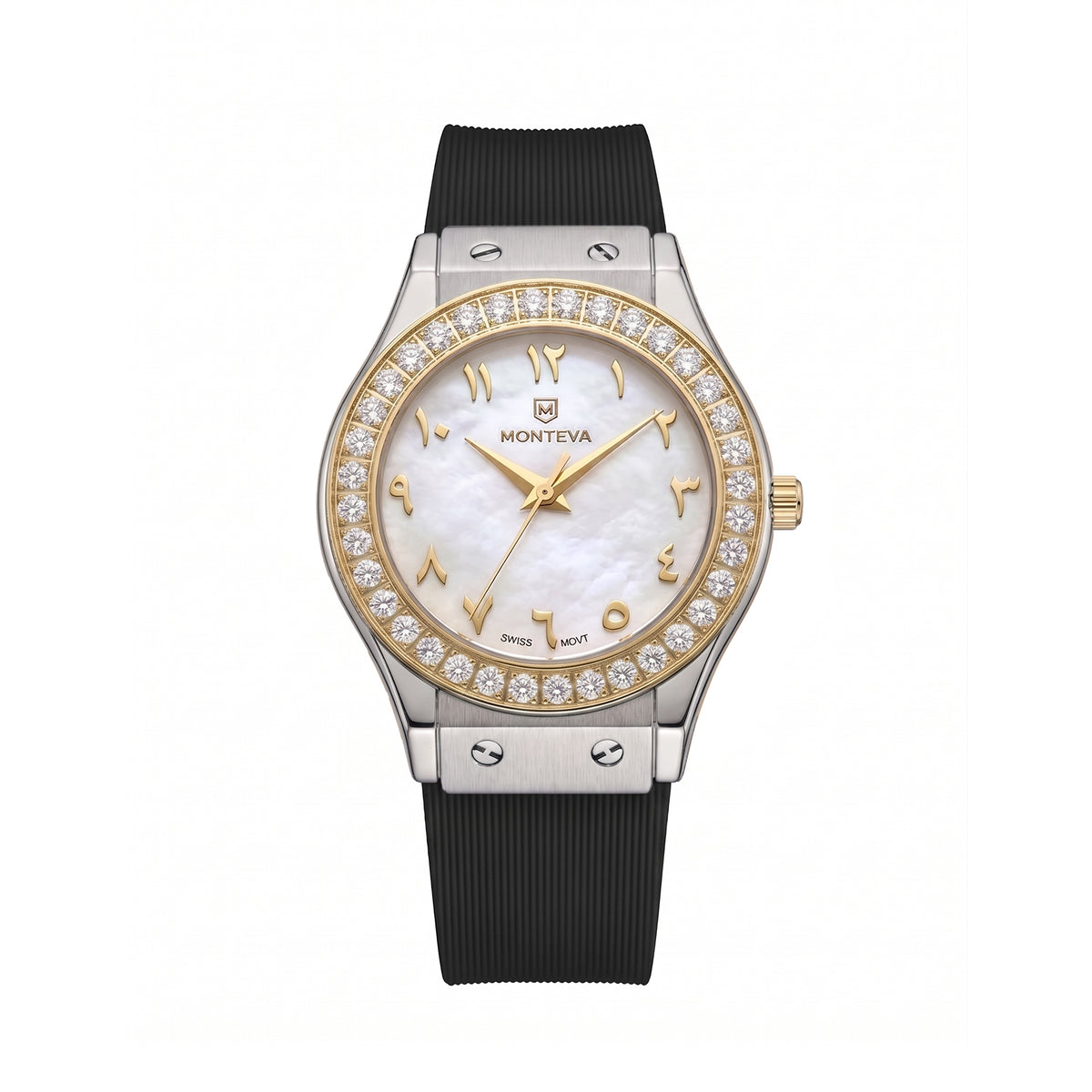 Lamar Black Band Arabic Numeral Two-Tone Premium Zircon 32mm Women’s Swiss Quartz Watch by MONTEVA