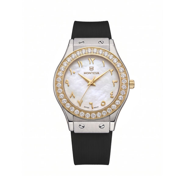 Lamar Black Band Arabic Numeral Two-Tone Premium Zircon 32mm Women’s Swiss Quartz Watch by MONTEVA